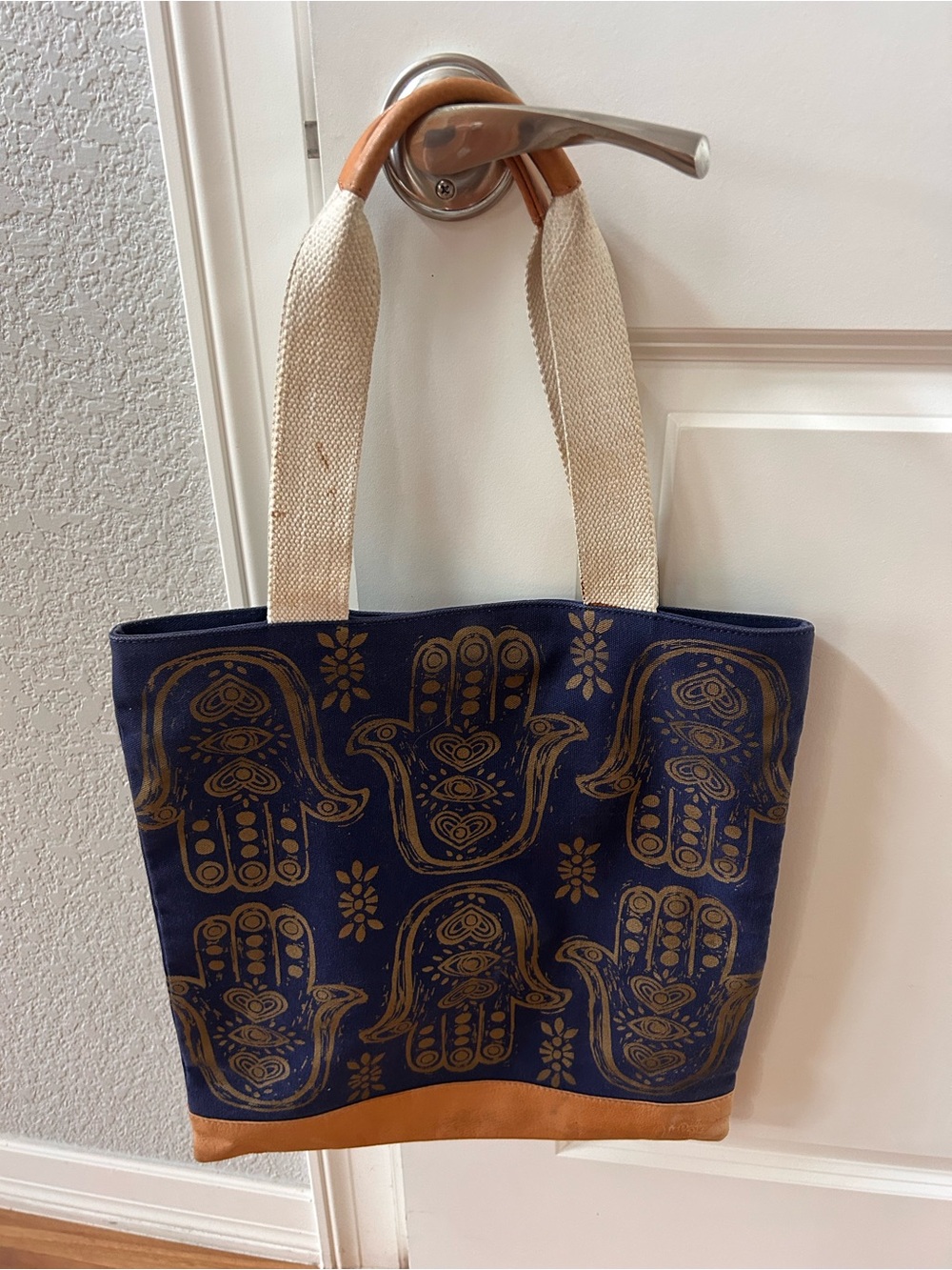 Maya Hamsa Tote for Bloom and Give. Leather and Canvas. Hamsa Hands. Thick. - Picture 2 of 10